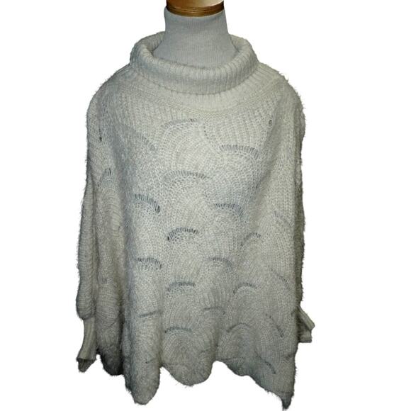 Anthropologie Cream Knit Oversized Sweater Poncho One Size Cozy Fuzzy Pullover - Picture 5 of 12